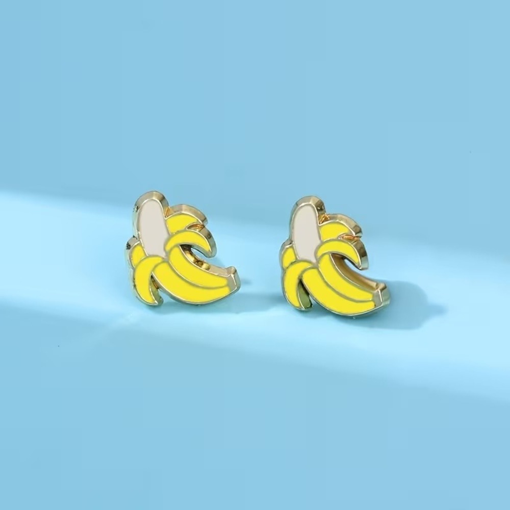Yellow Banana Enamel Stud Earrings Gold Tone Fruit Novelty Whimsical Jewelry